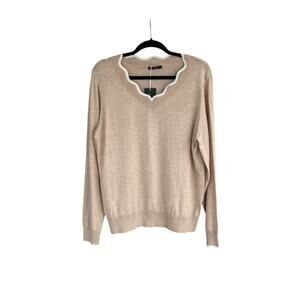 Ofeefan Sweater Size L Pullover Beige Scalloped V-Neck Soft Knit Neutral